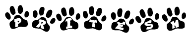 The image shows a series of animal paw prints arranged in a horizontal line. Each paw print contains a letter, and together they spell out the word Pritesh.