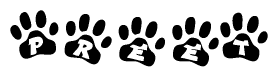 The image shows a series of animal paw prints arranged horizontally. Within each paw print, there's a letter; together they spell Preet