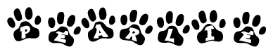The image shows a series of animal paw prints arranged horizontally. Within each paw print, there's a letter; together they spell Pearlie