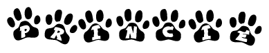 The image shows a series of animal paw prints arranged in a horizontal line. Each paw print contains a letter, and together they spell out the word Princie.