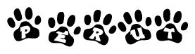 The image shows a row of animal paw prints, each containing a letter. The letters spell out the word Perut within the paw prints.
