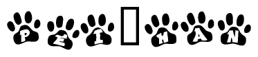 The image shows a series of animal paw prints arranged in a horizontal line. Each paw print contains a letter, and together they spell out the word Pei han.