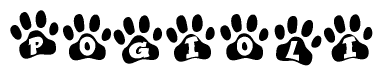 The image shows a series of animal paw prints arranged in a horizontal line. Each paw print contains a letter, and together they spell out the word Pogioli.