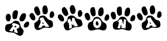 The image shows a row of animal paw prints, each containing a letter. The letters spell out the word Ramona within the paw prints.