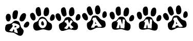 The image shows a series of animal paw prints arranged horizontally. Within each paw print, there's a letter; together they spell Roxanna