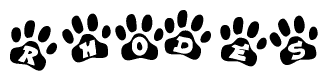 The image shows a row of animal paw prints, each containing a letter. The letters spell out the word Rhodes within the paw prints.