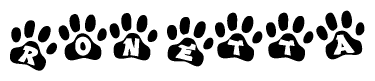 The image shows a series of animal paw prints arranged horizontally. Within each paw print, there's a letter; together they spell Ronetta