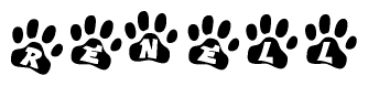 The image shows a row of animal paw prints, each containing a letter. The letters spell out the word Renell within the paw prints.