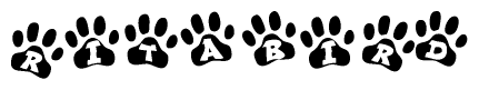 The image shows a row of animal paw prints, each containing a letter. The letters spell out the word Ritabird within the paw prints.