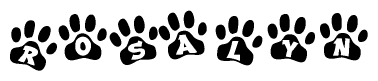 The image shows a series of animal paw prints arranged horizontally. Within each paw print, there's a letter; together they spell Rosalyn