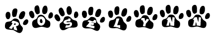 The image shows a series of animal paw prints arranged horizontally. Within each paw print, there's a letter; together they spell Roselynn