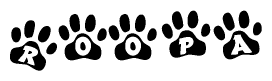 The image shows a series of animal paw prints arranged in a horizontal line. Each paw print contains a letter, and together they spell out the word Roopa.
