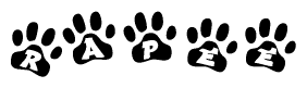 The image shows a row of animal paw prints, each containing a letter. The letters spell out the word Rapee within the paw prints.