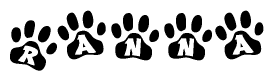 The image shows a series of animal paw prints arranged horizontally. Within each paw print, there's a letter; together they spell Ranna