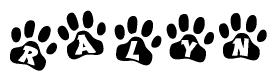 The image shows a series of animal paw prints arranged horizontally. Within each paw print, there's a letter; together they spell Ralyn