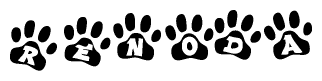The image shows a row of animal paw prints, each containing a letter. The letters spell out the word Renoda within the paw prints.