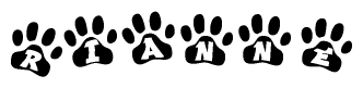 The image shows a series of animal paw prints arranged in a horizontal line. Each paw print contains a letter, and together they spell out the word Rianne.