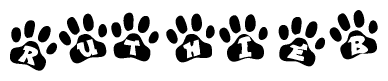 The image shows a row of animal paw prints, each containing a letter. The letters spell out the word Ruthieb within the paw prints.
