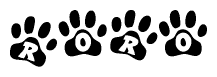 The image shows a row of animal paw prints, each containing a letter. The letters spell out the word Roro within the paw prints.