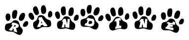 The image shows a series of animal paw prints arranged horizontally. Within each paw print, there's a letter; together they spell Randine