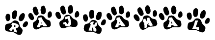 The image shows a series of animal paw prints arranged in a horizontal line. Each paw print contains a letter, and together they spell out the word Rajkamal.