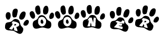 The image shows a series of animal paw prints arranged in a horizontal line. Each paw print contains a letter, and together they spell out the word Rooner.