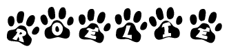 The image shows a series of animal paw prints arranged horizontally. Within each paw print, there's a letter; together they spell Roelie