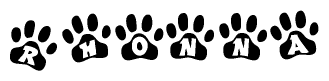 The image shows a row of animal paw prints, each containing a letter. The letters spell out the word Rhonna within the paw prints.