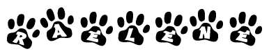 The image shows a row of animal paw prints, each containing a letter. The letters spell out the word Raelene within the paw prints.