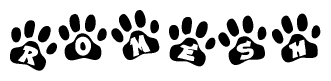 The image shows a row of animal paw prints, each containing a letter. The letters spell out the word Romesh within the paw prints.