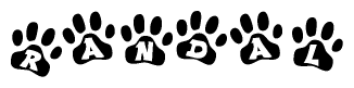 The image shows a series of animal paw prints arranged in a horizontal line. Each paw print contains a letter, and together they spell out the word Randal.