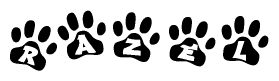 The image shows a series of animal paw prints arranged horizontally. Within each paw print, there's a letter; together they spell Razel