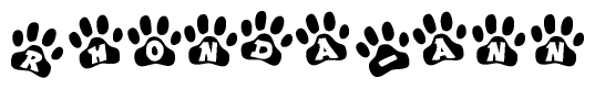 The image shows a row of animal paw prints, each containing a letter. The letters spell out the word Rhonda-ann within the paw prints.