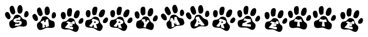 The image shows a series of animal paw prints arranged in a horizontal line. Each paw print contains a letter, and together they spell out the word Sherrymarzette.