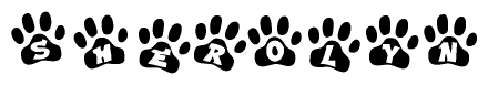 The image shows a row of animal paw prints, each containing a letter. The letters spell out the word Sherolyn within the paw prints.