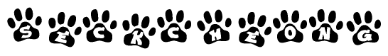 The image shows a series of animal paw prints arranged in a horizontal line. Each paw print contains a letter, and together they spell out the word Seckcheong.
