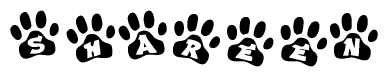 The image shows a row of animal paw prints, each containing a letter. The letters spell out the word Shareen within the paw prints.