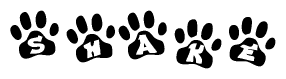 The image shows a series of animal paw prints arranged horizontally. Within each paw print, there's a letter; together they spell Shake