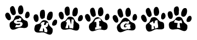 The image shows a series of animal paw prints arranged horizontally. Within each paw print, there's a letter; together they spell Sknight