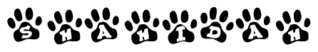 The image shows a series of animal paw prints arranged horizontally. Within each paw print, there's a letter; together they spell Shahidah