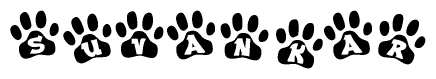 The image shows a series of animal paw prints arranged in a horizontal line. Each paw print contains a letter, and together they spell out the word Suvankar.