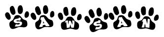   The image shows a series of animal paw prints arranged in a horizontal line. Each paw print contains a letter, and together they spell out the word Sawsan. 