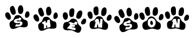 The image shows a row of animal paw prints, each containing a letter. The letters spell out the word Shenson within the paw prints.