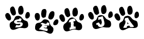 The image shows a row of animal paw prints, each containing a letter. The letters spell out the word Seija within the paw prints.