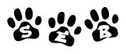 The image shows a series of animal paw prints arranged in a horizontal line. Each paw print contains a letter, and together they spell out the word Seb.