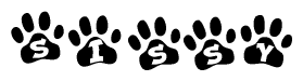 The image shows a series of animal paw prints arranged in a horizontal line. Each paw print contains a letter, and together they spell out the word Sissy.