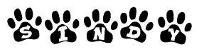 The image shows a row of animal paw prints, each containing a letter. The letters spell out the word Sindy within the paw prints.