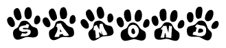 The image shows a series of animal paw prints arranged in a horizontal line. Each paw print contains a letter, and together they spell out the word Samond.