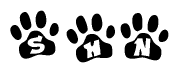 The image shows a series of animal paw prints arranged horizontally. Within each paw print, there's a letter; together they spell Shn