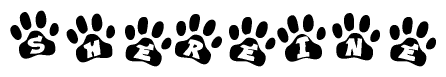 The image shows a row of animal paw prints, each containing a letter. The letters spell out the word Shereine within the paw prints.